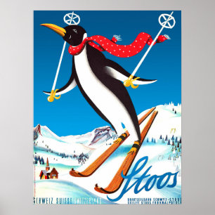 Poster Stoos, Manchot sur un ski, montagnes suisses