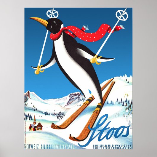 Poster Stoos, Penguin sur un ski, Suisse montagnes (Devant)
