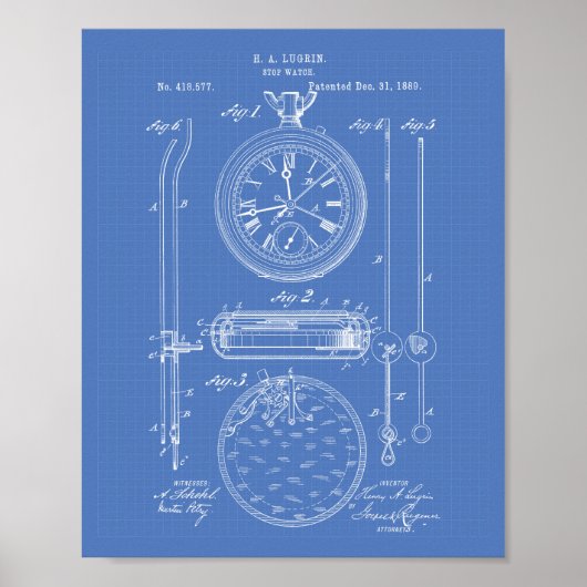 Poster Stop Watch 1889 Patent Art Blueprint (Devant)