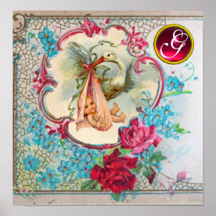 Poster STORK BÉBÉ FILLE DOUCHE Ruby Gem Pierre Monogramme