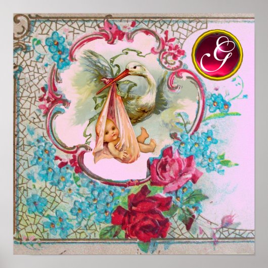 Poster STORK BÉBÉ FILLE DOUCHE Ruby Gem Pierre Monogramme (Devant)
