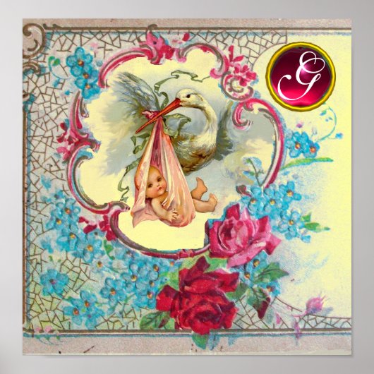 Poster STORK BÉBÉ FILLE DOUCHE Ruby Gem Pierre Monogramme (Devant)