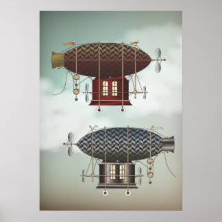 Poster Stormy Skies Airship Noir & Rouge Steampunk Travel