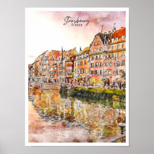 Poster Strasbourg France aquarelle de voyage vintage