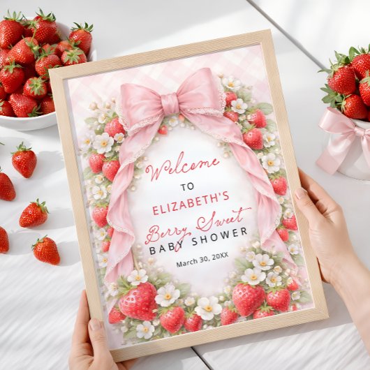 Poster Strawberry Pink Bow Baby Shower Welcome 