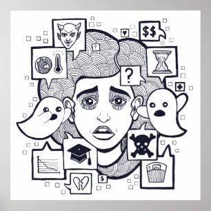 Poster "Stresshead" Anxieux Stress Woman Dessiner l'affic