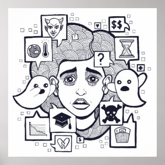 Poster "Stresshead" Anxieux Stress Woman Dessiner l'affic