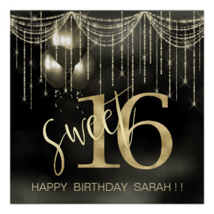 Poster String Lights & Balloons Sweet 16 Black/Gold ID473
