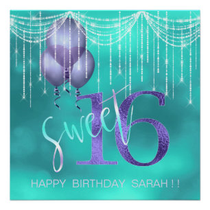Poster String Lights & Balloons Sweet 16 TealPurple ID473