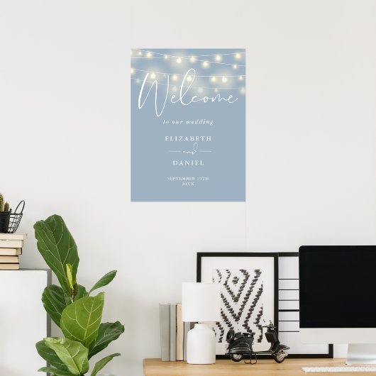 Poster String Lights Dusty Blue Wedding Welcome Sign (Bureau à domicile)