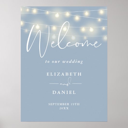 Poster String Lights Dusty Blue Wedding Welcome Sign (Devant)