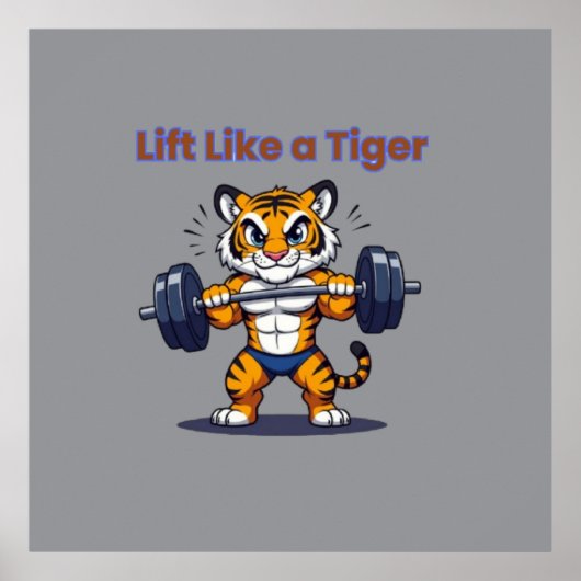 Poster **Strong Tiger – Cute Tiger Lifting Weights Illust (Devant)