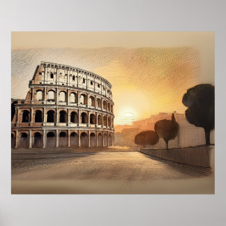 Poster Structure du Colosseum à Rome esquissée au coucher
