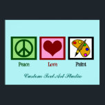 Poster Studio d'art personnalisé<br><div class="desc">Peinture Peace Love avec un joli signe de paix,  coeur rouge et une palette d'art mignon. Une belle impression turquoise à suspendre dans une salle de jeux pour enfants ou dans un studio d'artiste. Customisez avec votre propre texte.</div>