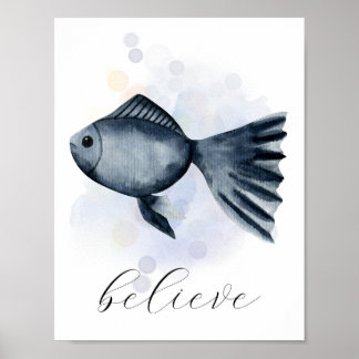 Poster Style Aquarelle de texte personnalisé Bleu Poisson