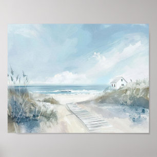 Poster style aquarelle plage paysage avec maison de plage