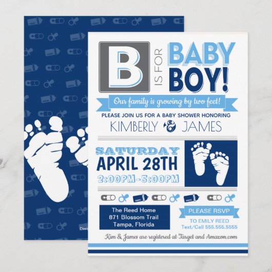 Poster Style Baby Feet Boy Shower Invitation 3 (Devant / Derrière)
