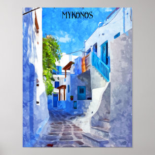 Poster Style bleu blanc Mykonos Grèce peinture