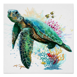 Poster Style d'aquarelle sous-marine de tortue marine
