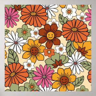 Poster Style les années 70 coloré style rétro motif flora