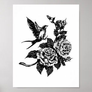 Poster Style tatouage d'oiseaux et de rose