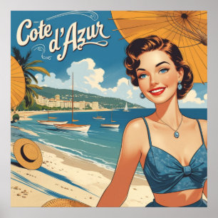 Poster Style vintage Côte d'Azur Beach Girl