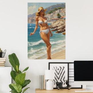 Poster Style vintage French Riviera Travel Beach Girl