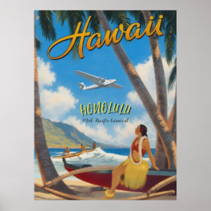Poster Style Vintage Hawaïen Voyage Honolulu Fille Hula