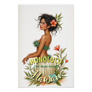 Poster Style vintage Hawaii Voyage Honolulu Hula Girl