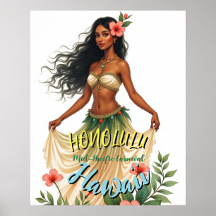 Poster Style vintage Hawaiian Travel Honolulu Hula Girl