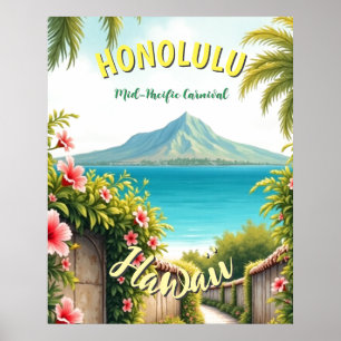 Poster Style vintage Hawaiian Travel Honolulu Mid-Pacific