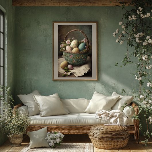 Poster Style vintage Pâques Panier d'oeufs
