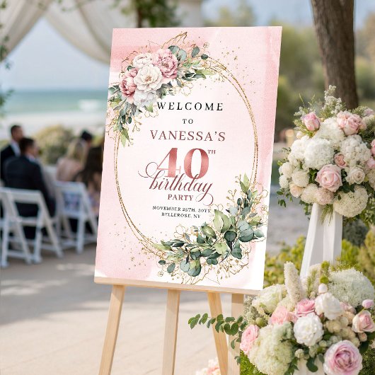 Poster Stylish Boho Blush Pink Floral 40 Birthday Welcome