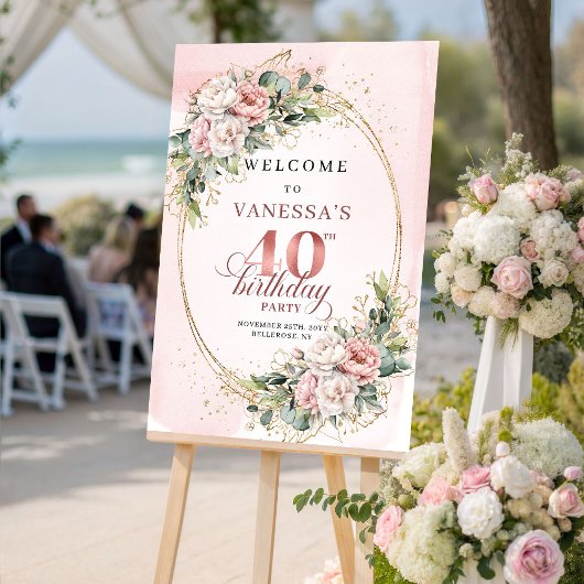 Poster Stylish Boho Light Pink Greenery 40th Birthday 