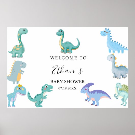 Poster Stylish Dinosaur Baby Shower White (Devant)