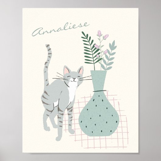 Poster Stylish Gris Chat Turquoise Floral Illustration pe (Devant)