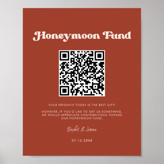 Poster Stylish retro Terracotta Honeymoon fund Code QR (Devant)