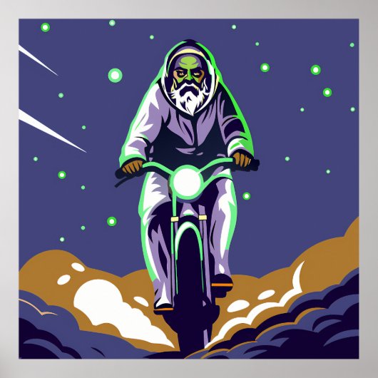 Poster Stylized Bearded Figure Riding a Motorcycle (Devant)