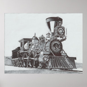Poster Stylo à encre dessin d'une locomotive à vapeur