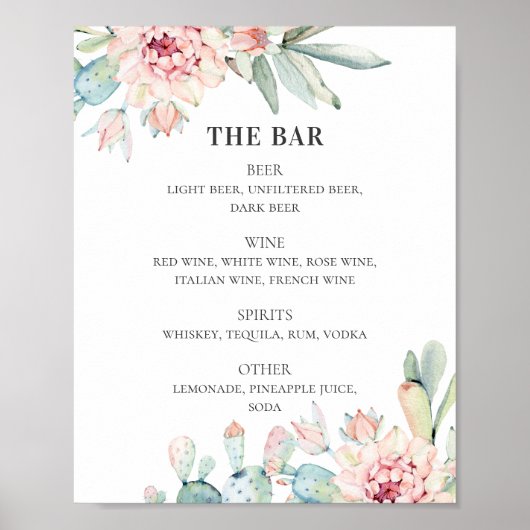 Poster Succulents mariage. Bar à boissons alcoolisées de (Devant)