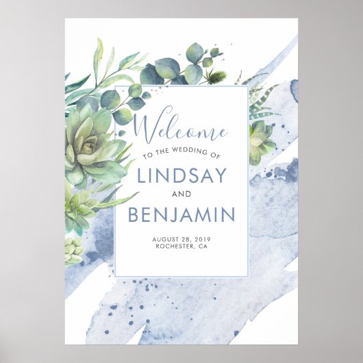 Poster Succulents Verdure Dusty Blue Mariage (Devant)