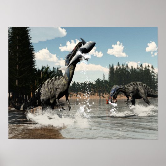 Poster Suchomimus dinosaures pêche poisson et requin (Devant)
