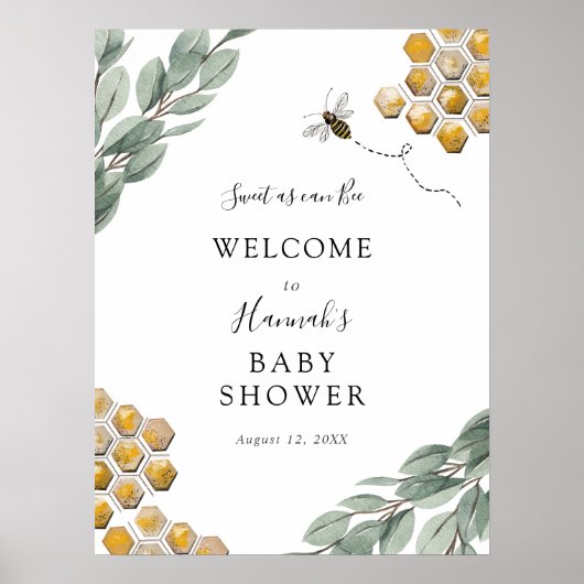 Poster Sucré comme peut Bee Eucalyptus Baby shower Accuei (Devant)