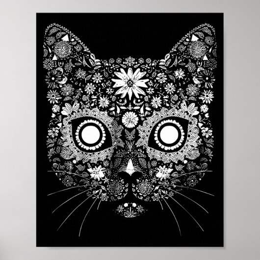 Poster Sugar Cat Skull Flower Artistic Design  (Devant)