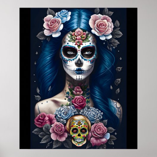 Poster Sugar Skull Art - Ftripe femme dans le maquillage (Devant)