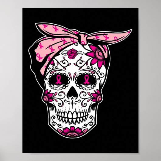 Poster Sugar Skull rose Ruban Cool Cancer du sein Cancer (Devant)