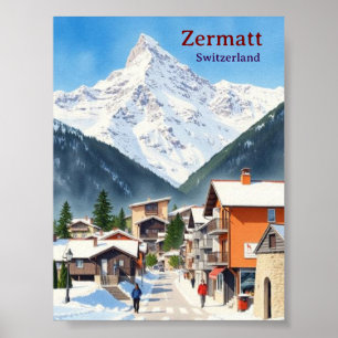 Poster Suisse Zermatt aquarelle de vacances vintage