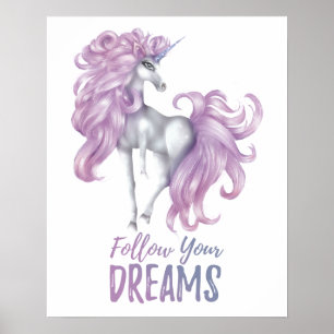 Poster Suivez vos rêves - Licorne violette et blanche