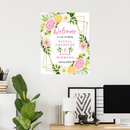 Poster Summer Pink and Yellow Flower Wedding Welcome Sign (Bureau à domicile)