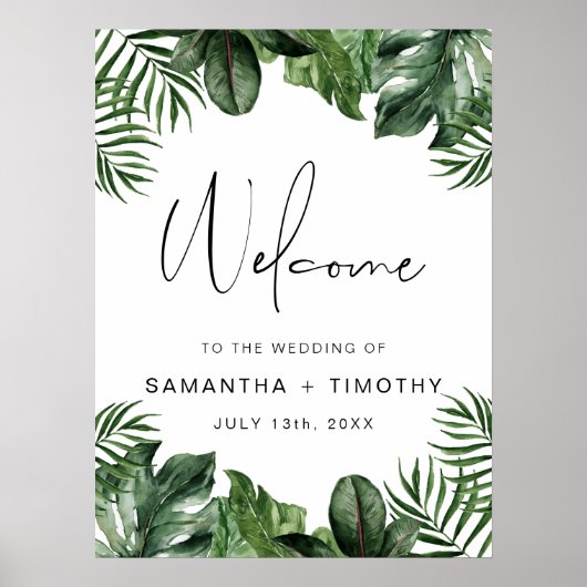 Poster Summer Tropical Feuille Portrait Mariage Bienvenue (Devant)